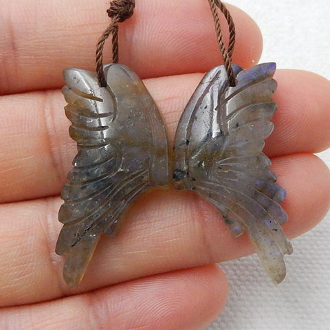 Labradorite Carved Wings Earrings Stone Pair, 32x16x5mm, 6.9g - MyGemGarden