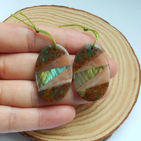 Natural Green opal, Sunstone, Labradorite Glued Earrings Pair, 31x20x4mm,8.8g - MyGemGarden