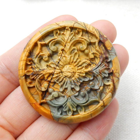 New Design! , Semiprecious Stone Carved Multi Color Picasso Jasper Flower Cabochon, Fashion Jewelry Accessory, 44x5mm, 17.2g - MyGemGarden