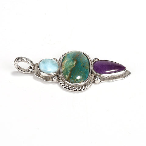 Sterling Silver 925 With Blue opal, Sugilite and larimar Gemstone Pendant, Gorgeous Pendant, 10.6g - MyGemGarden