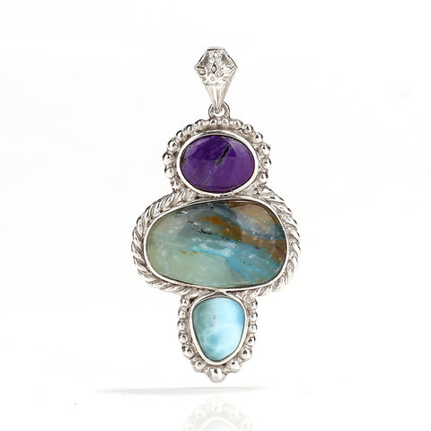 Sterling Silver 925 With Blue opal, Sugilite and larimar  Gemstone Pendant, Gorgeous Pendant, 11.9g - MyGemGarden