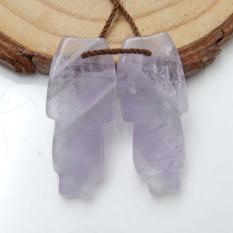 New! Hand Carved Amethyst Feather Earrings Pair, Natural Stone, 26x11x4mm, 4.4g - MyGemGarden