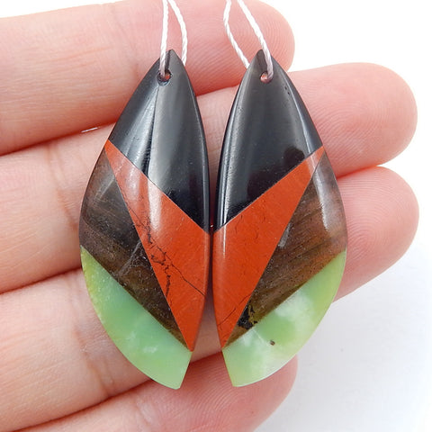 Obsidian, Red River Jasper, Serpentine and Labradorite Glued Gemstone Earrings Pair, 38x15x4mm, 6g - MyGemGarden