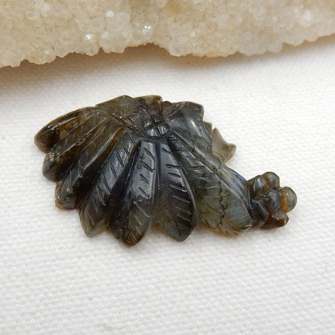 Vintage Hand Carved Labradorite Gemstone Indian Head Pendant , 48x30x8mm, 12.7g - MyGemGarden