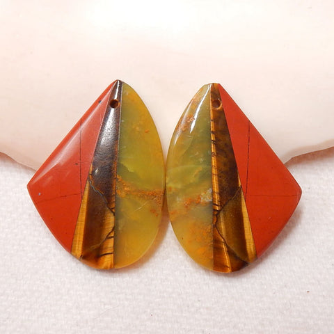 Yellow Opal, Tiger-Eye And Red River Jasper Glued Gemstone Earrings Stone Pair, 27x20x4.5mm, 6.5g - MyGemGarden