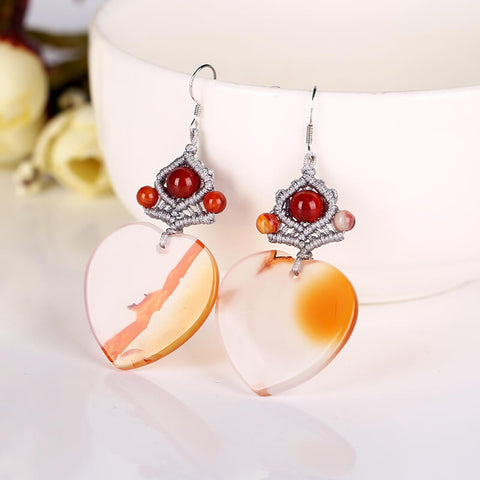 Heart shape Red Agate stone earrings Knit Dangle earrings, 27x27x3mm, 8.9g - MyGemGarden