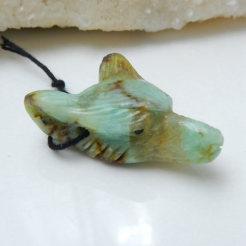 Handmade Carved Chrysocolla Gemstone Wolf Head Pendant Bead, 32x21x11mm, 7.4g - MyGemGarden