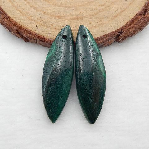 Carved Green Malachite Shuttle Shape Earrings Stone Pair, 32x10x4mm, 5.3g