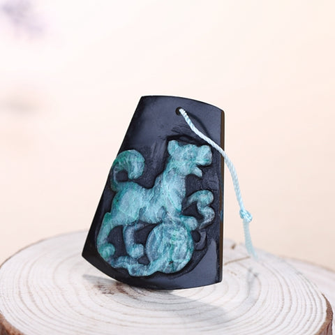 Beautiful Carved dog Obsidian Chrysocolla Jewelry Pendant, 40x32x5mm, 10g - MyGemGarden