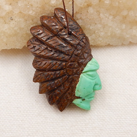 Carved Natural Chrysoprase Gemstone Indian Head Pendant, 47x30x9mm, 15.8g - MyGemGarden