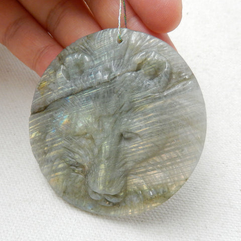 Handmade Carved Lion head Labradorite Gemstone Pendant, 55x7mm, 36.9g - MyGemGarden