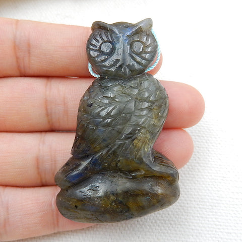 Carved Labradorite Owl Pendant Bead, 53x32x12mm, 29g - MyGemGarden