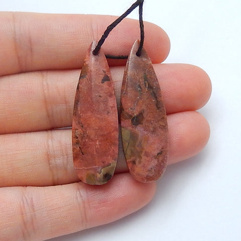 Natural Rhodonite Drilled Teardrop Earrings Pair, stone for Earrings making, 37x12x4mm, 9.7g - MyGemGarden