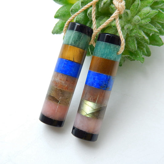 New Design Obsidian, Amazonite,  Tiger-Eye, Lapis Lazuli, Sunstone, Labradorite and Pink Opal  Glued Gemstone Earrings Pair, 28x7mm, 5.9g - MyGemGarden