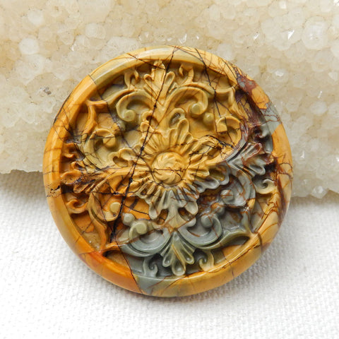 New Design! , Semiprecious Stone Carved Multi Color Picasso Jasper Flower Cabochon, Fashion Jewelry Accessory, 44x5mm, 17.2g - MyGemGarden