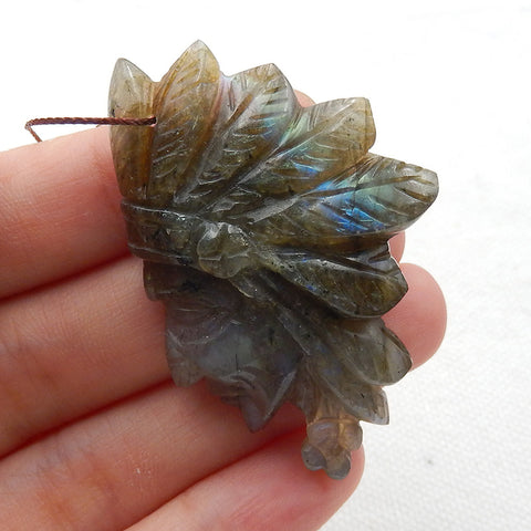 Vintage Hand Carved Labradorite Gemstone Indian Head Pendant, 49x32x9mm, 14.0g