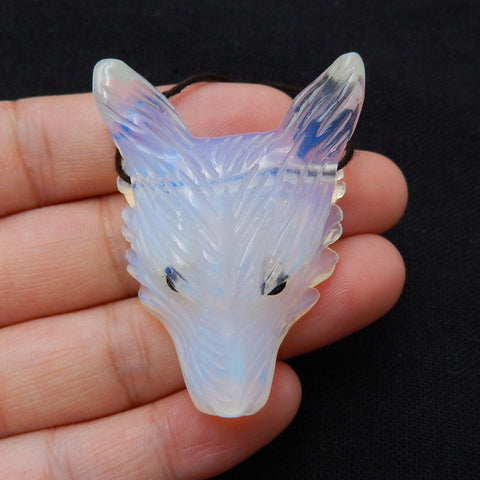 Handmade Opalite Carved Wolf Head Pendant Bead, 46x35x13mm, 22.1g - MyGemGarden