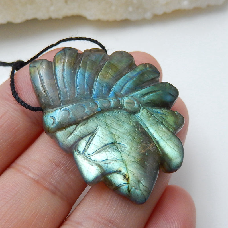 High Quality Shining Labradorite Hand-Carved Indian head Pendant, 38x30x6mm, 12.1g - MyGemGarden