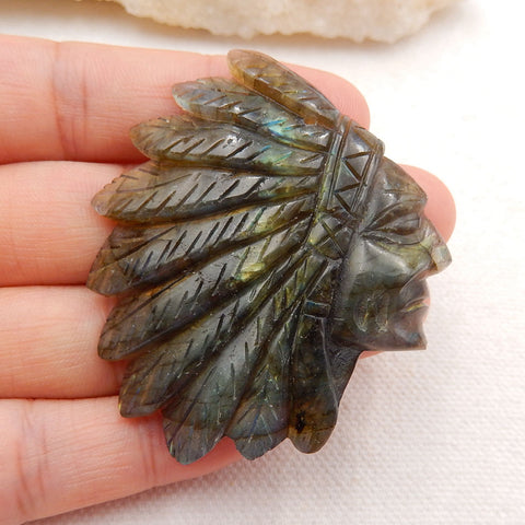 Vintage Hand Carved Labradorite Gemstone Indian Head Pendant , 52x46x7mm, 21.6g - MyGemGarden