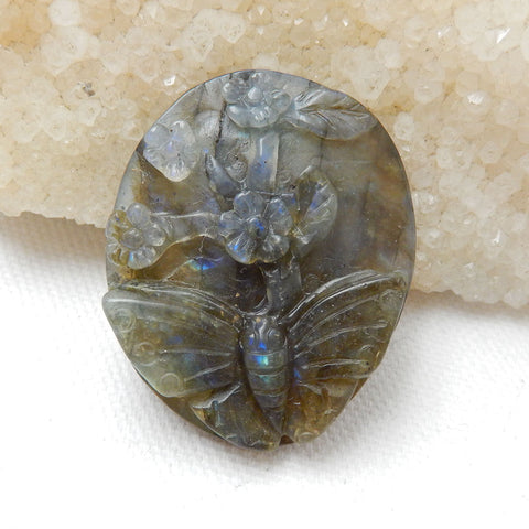 Carved Labradorite butterfly & Flower Gemstone Cabochon, 40x33x8mm, 17.8g - MyGemGarden