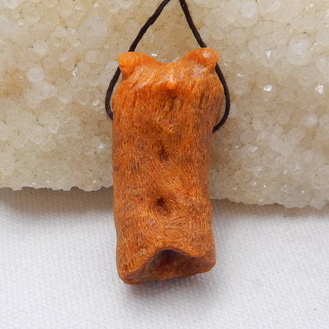 New, Carved Orange Fossil Coral Owl Pendant Bead, 44x19x15mm, 16.5g - MyGemGarden