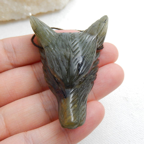 Handmade Labradorite Carved Wolf Head Pendant Bead, 52x36x17mm, 28.4g - MyGemGarden