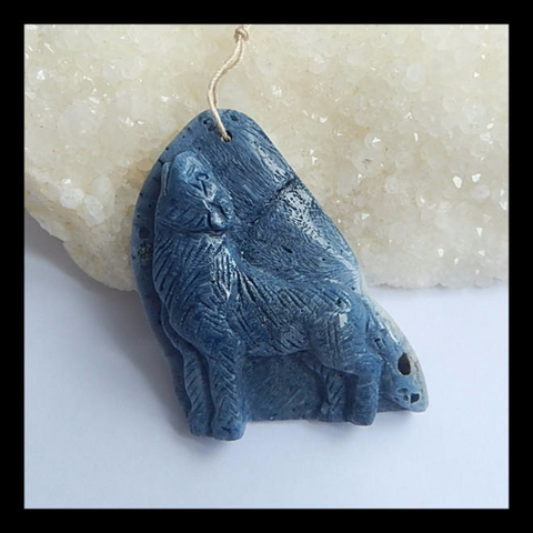 Carved Gemstone Blue Coral Wolf Pendant Bead, Handmade Carving Pendant, 59x36x15mm, 32g - MyGemGarden