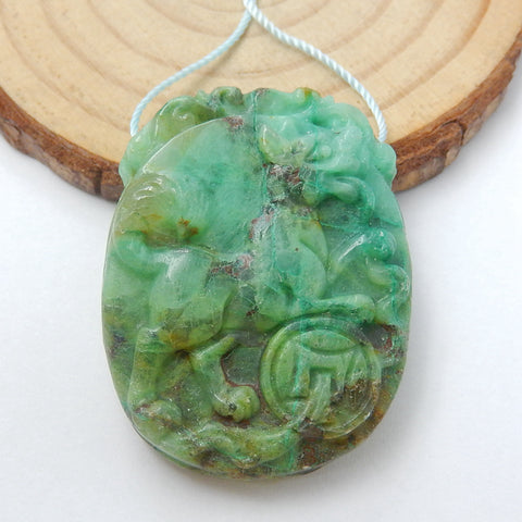 Carved Dog Chrysocolla Gemstone Pendant, 35x28x10mm, 16g - MyGemGarden