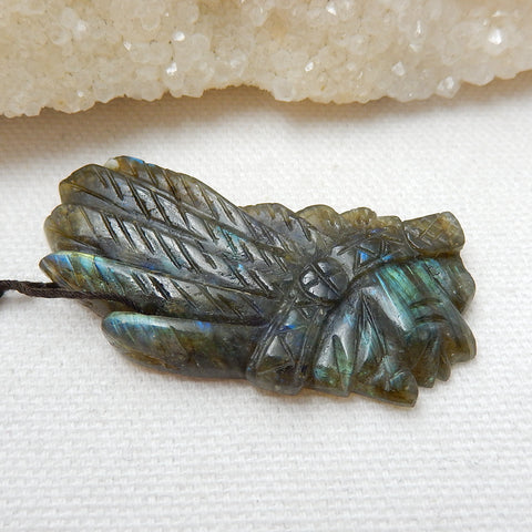 Carved Natural Labradorite Gemstone Indian Head Pendant, 48x23x6mm, 10.8g - MyGemGarden