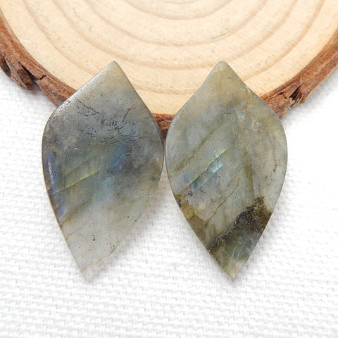 Hand Carved Natural Labradorite Leaf Gemstone Cabochon Pair, 32x18x4mm, 5.7g - MyGemGarden