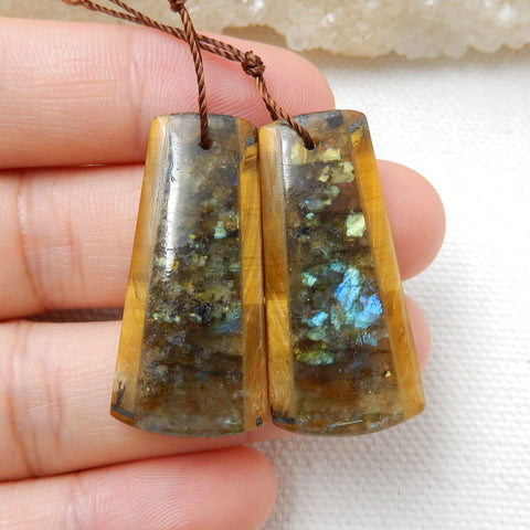 Natural Tiger-Eye and Labradorite Glued Gemstone Earrings Stone Pair, 32x15x4mm, 7.4g - MyGemGarden